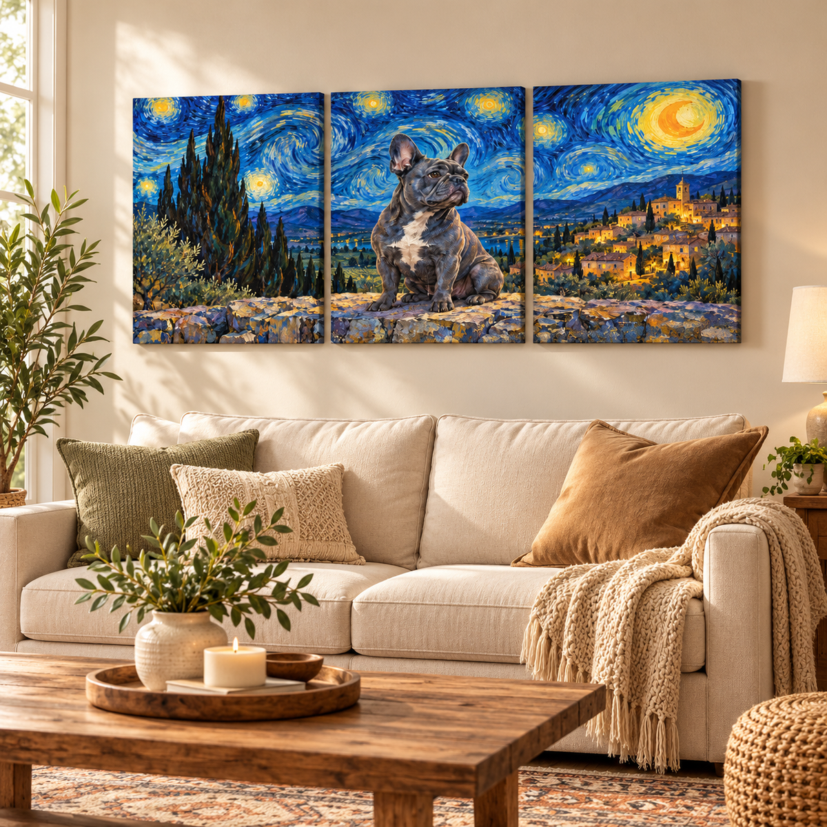 French Bulldog triptych canvas hanging in a cozy room