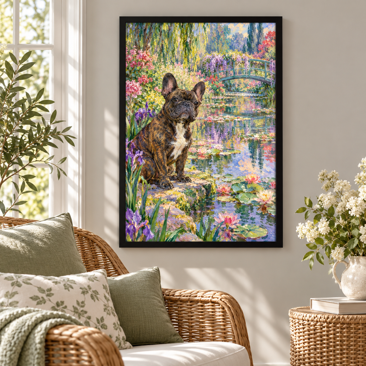 Frenchie Water Lily Garden framed poster displayed on a cozy room wall