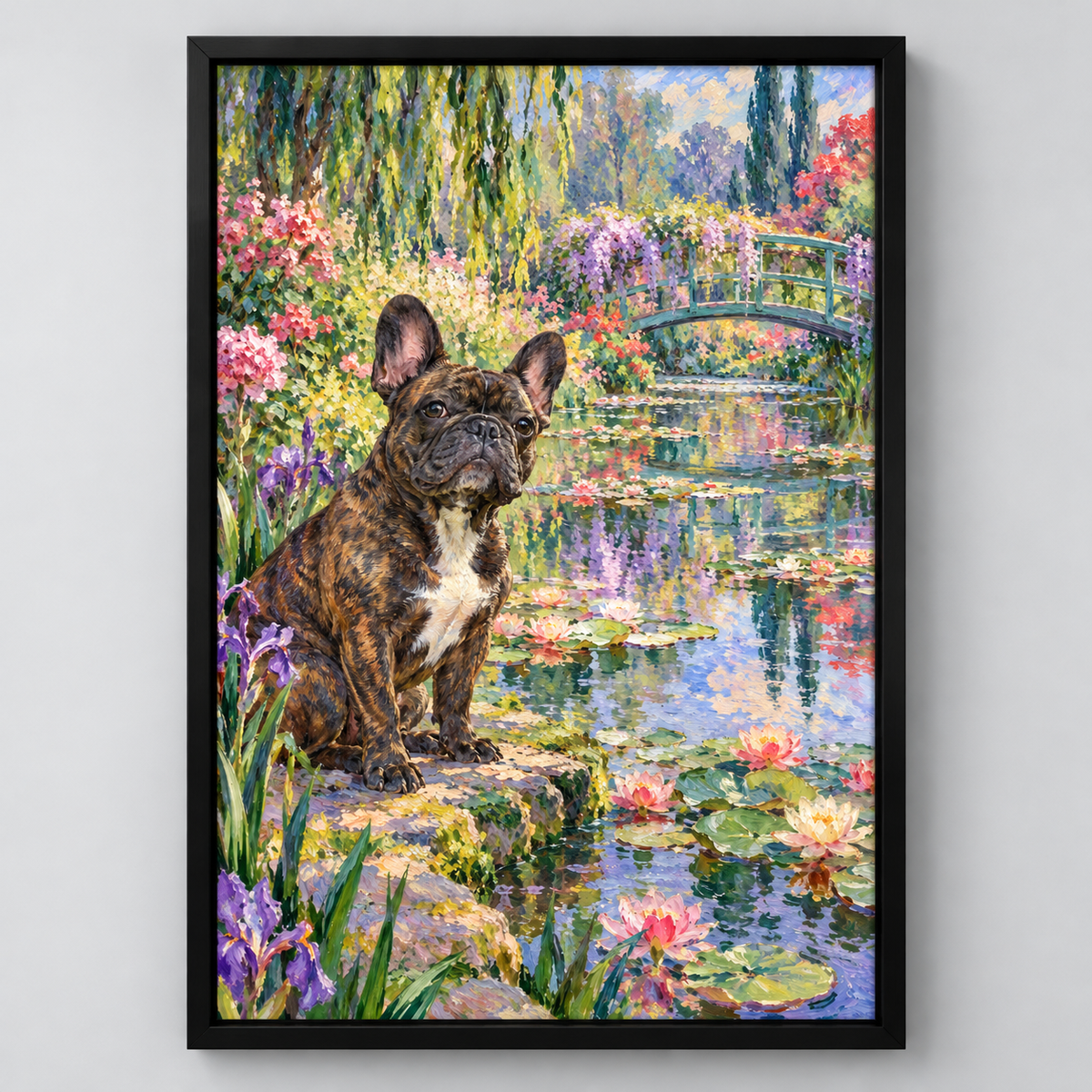 Frenchie Water Lily Garden French Bulldog framed wall art on a light gray background