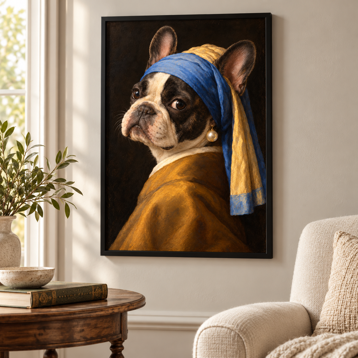 Frenchie with a Pearl Earring framed poster displayed on a cozy room wall