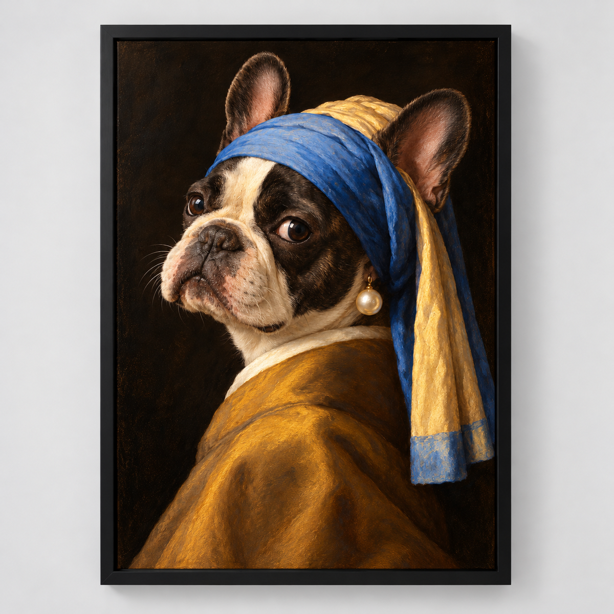 Frenchie with a Pearl Earring French Bulldog framed wall art on a light gray background