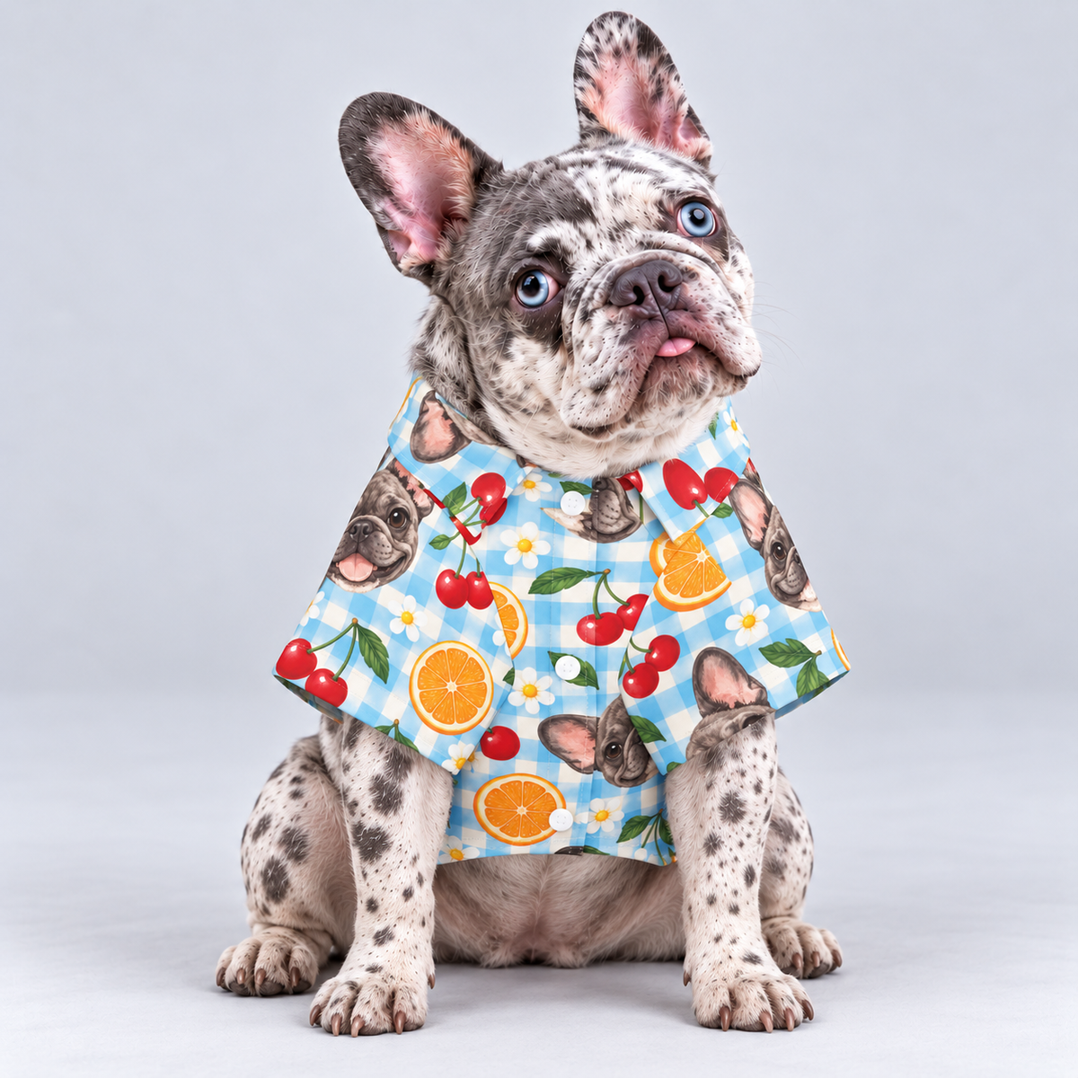 Beach Picnic Hawaiian Dog Shirt on our Frenchie model, front view