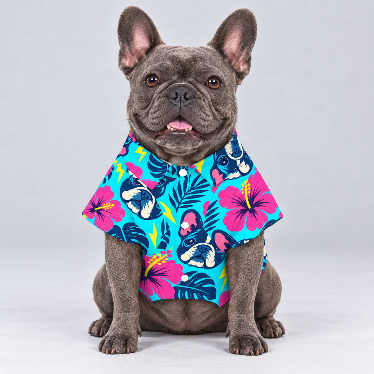 Paradise Pop Hawaiian Dog Shirt on our Frenchie model, front view