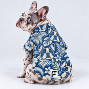 Indigo Palms Hawaiian Dog Shirt on our Frenchie model, back view with white-square logo
