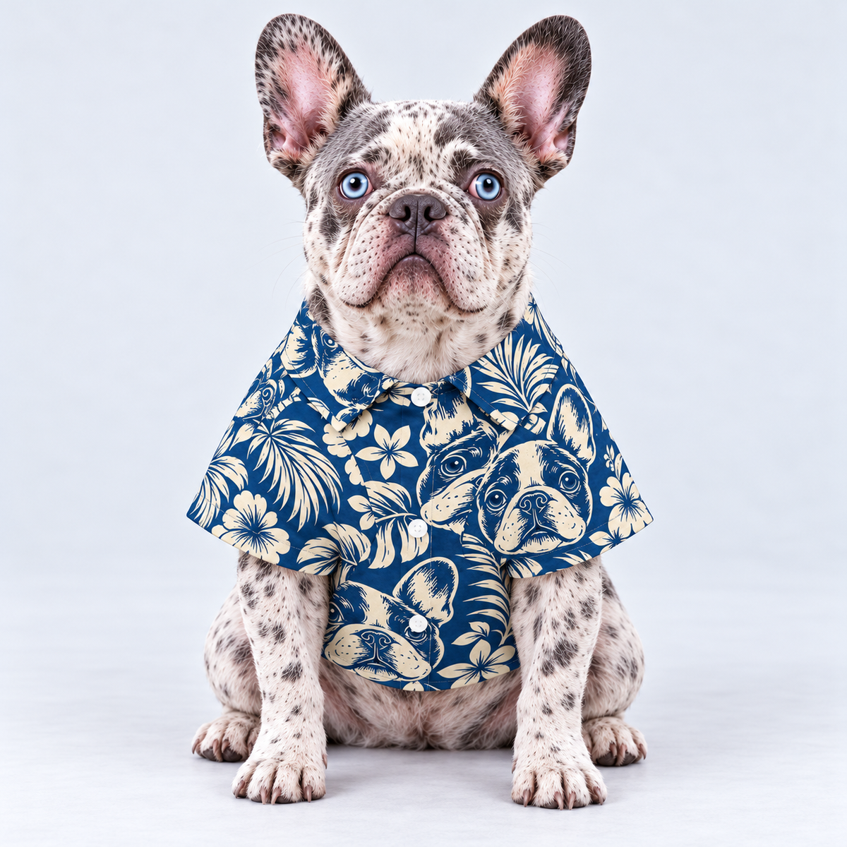 Indigo Palms Hawaiian Dog Shirt on our Frenchie model, front view