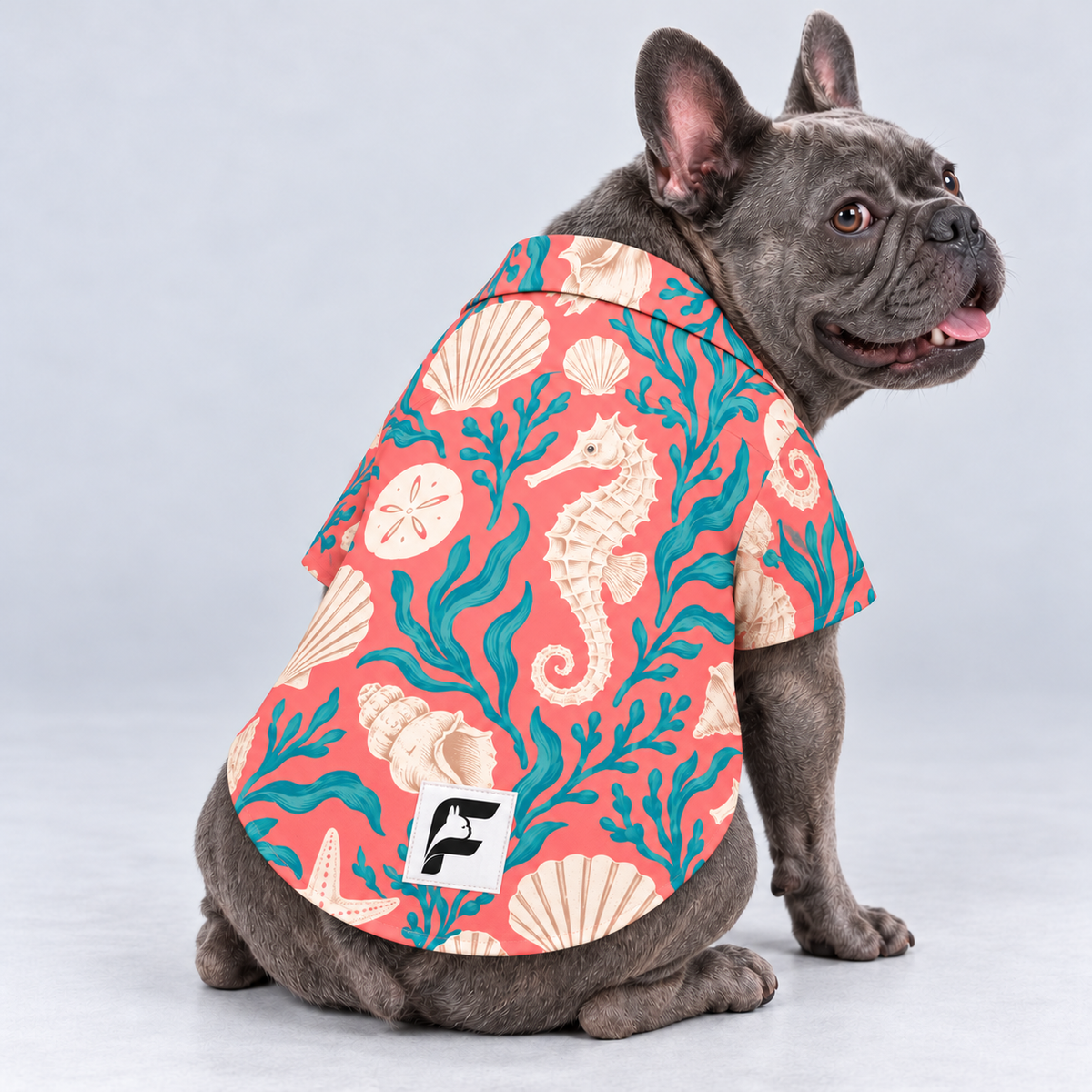Coral Reef Hawaiian Dog Shirt on our Frenchie model, back view with white-square logo