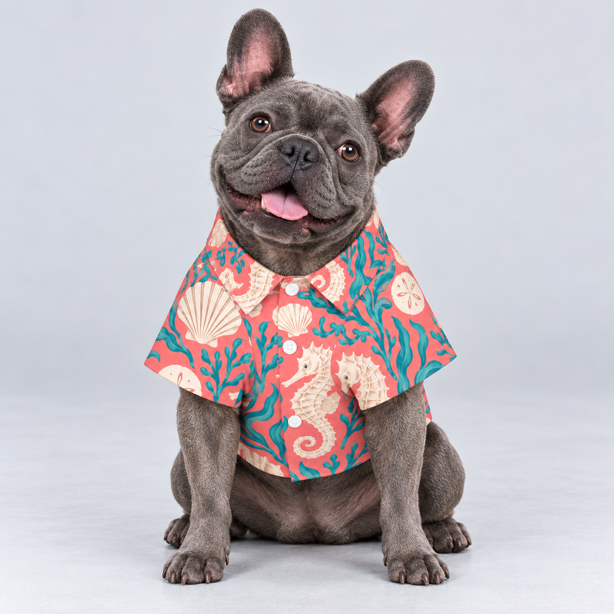 Coral Reef Hawaiian Dog Shirt on our Frenchie model, front view