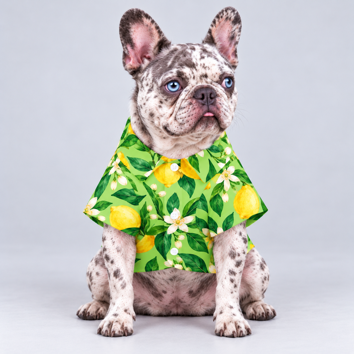 Lemon Lagoon Hawaiian Dog Shirt on our Frenchie model, front view