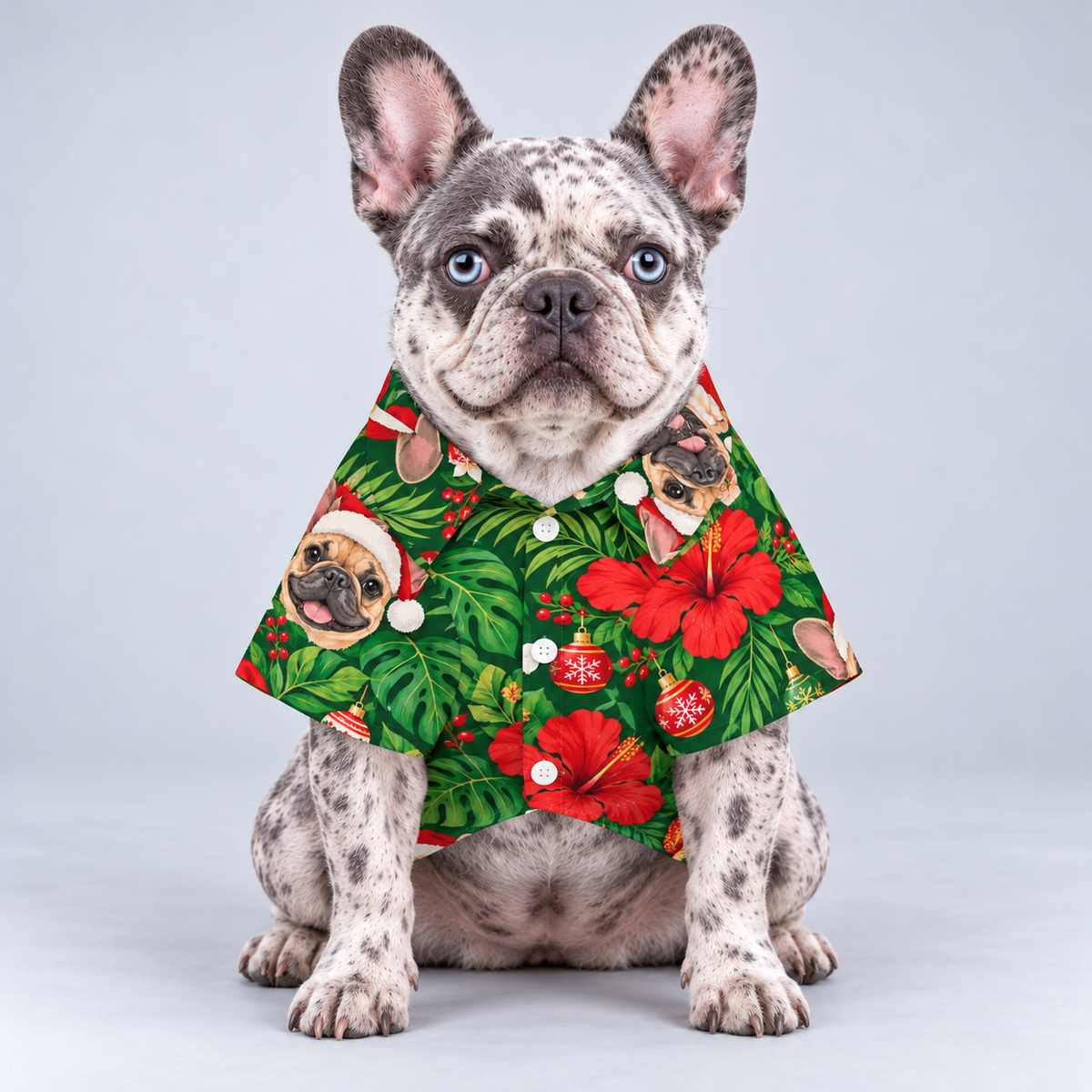 Mele Frenchie Hawaiian Dog Shirt on our Frenchie model, front view