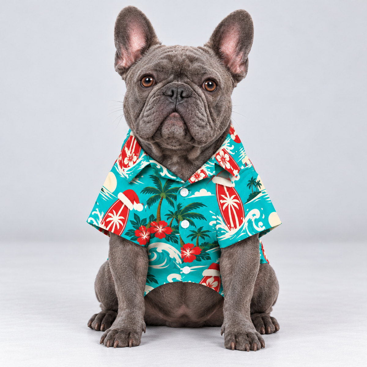 Santa Surf Hawaiian Dog Shirt on our Frenchie model, front view