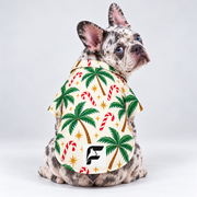 Candy Cane Cabana Hawaiian Dog Shirt on our Frenchie model, back view with white-square logo