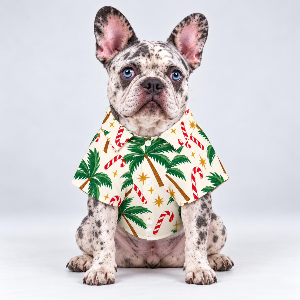 Candy Cane Cabana Hawaiian Dog Shirt on our Frenchie model, front view