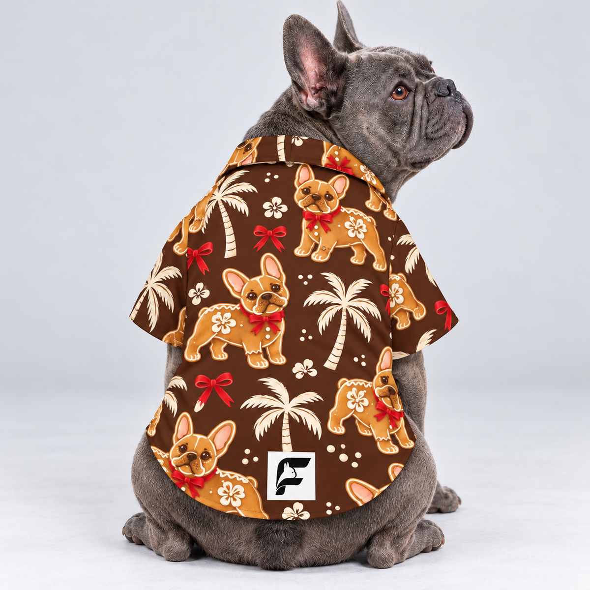 Gingerbread Island Hawaiian Dog Shirt on our Frenchie model, back view with white-square logo