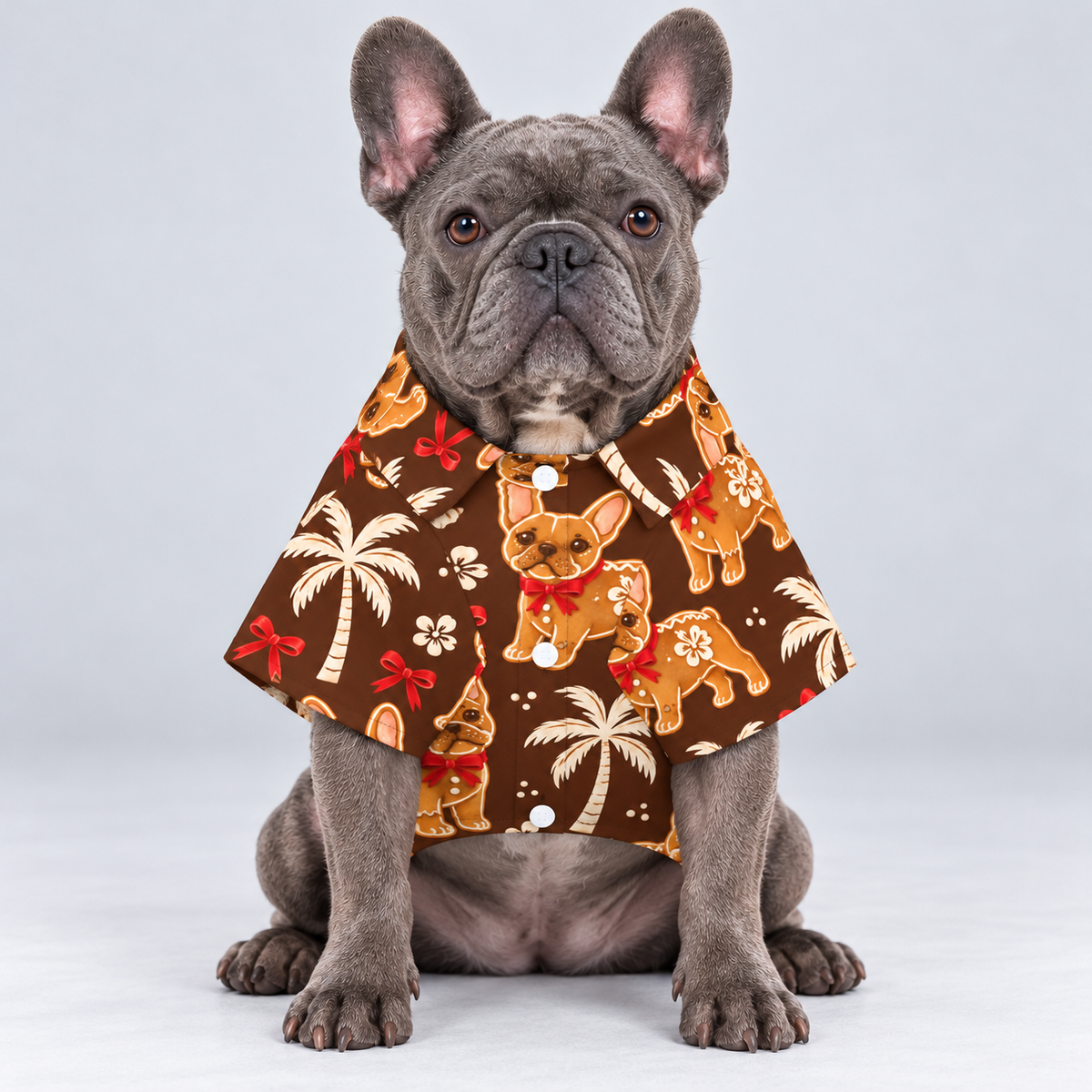 Gingerbread Island Hawaiian Dog Shirt on our Frenchie model, front view