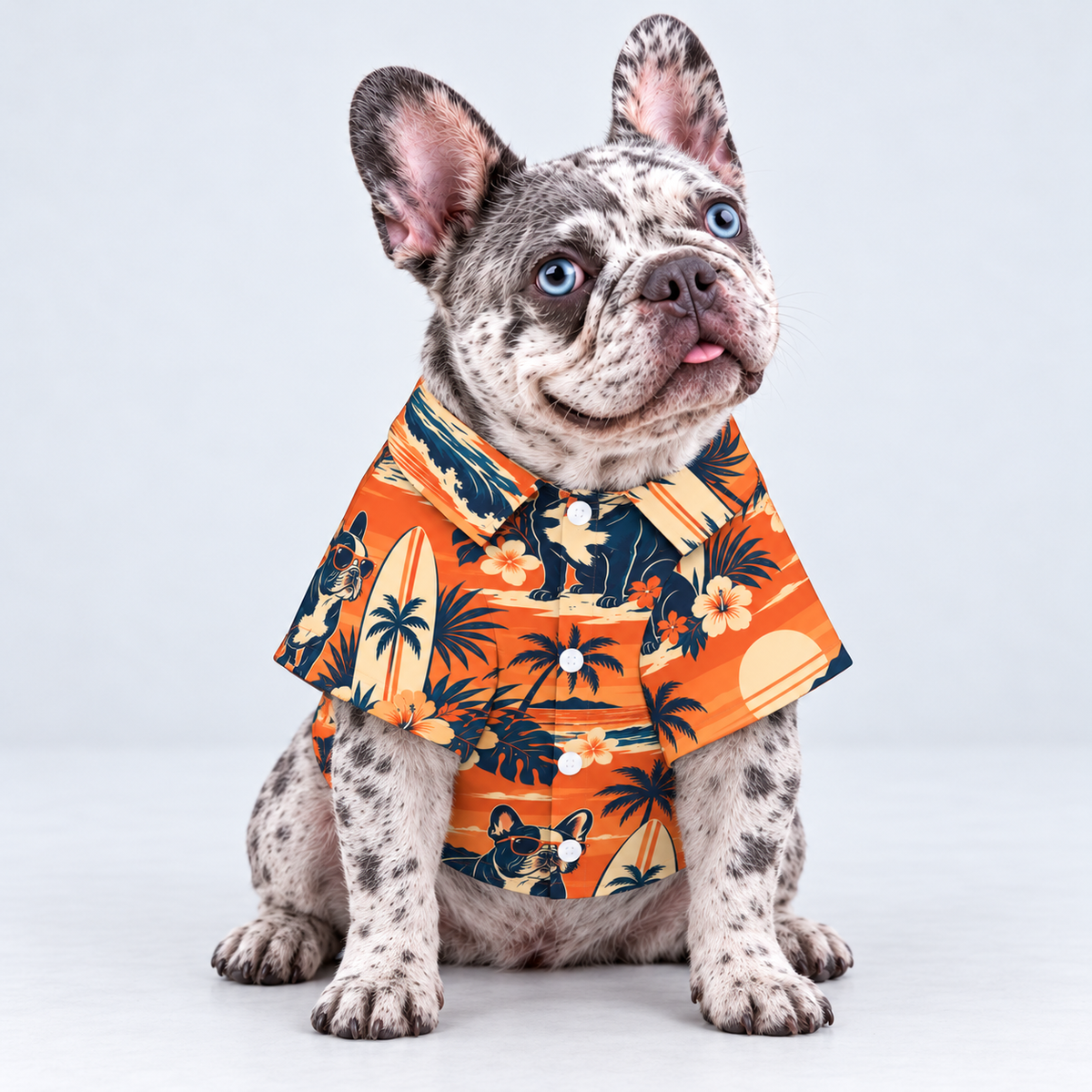 Sunset Surfer Hawaiian Dog Shirt on our Frenchie model, front view