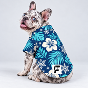 Snowbird Paradise Hawaiian Dog Shirt on our Frenchie model, back view with white-square logo