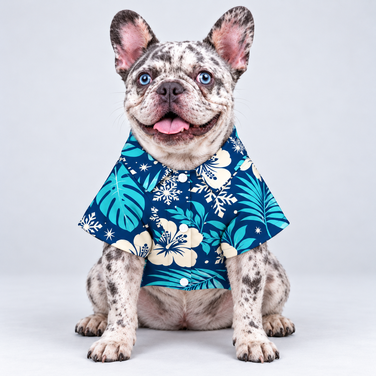 Snowbird Paradise Hawaiian Dog Shirt on our Frenchie model, front view