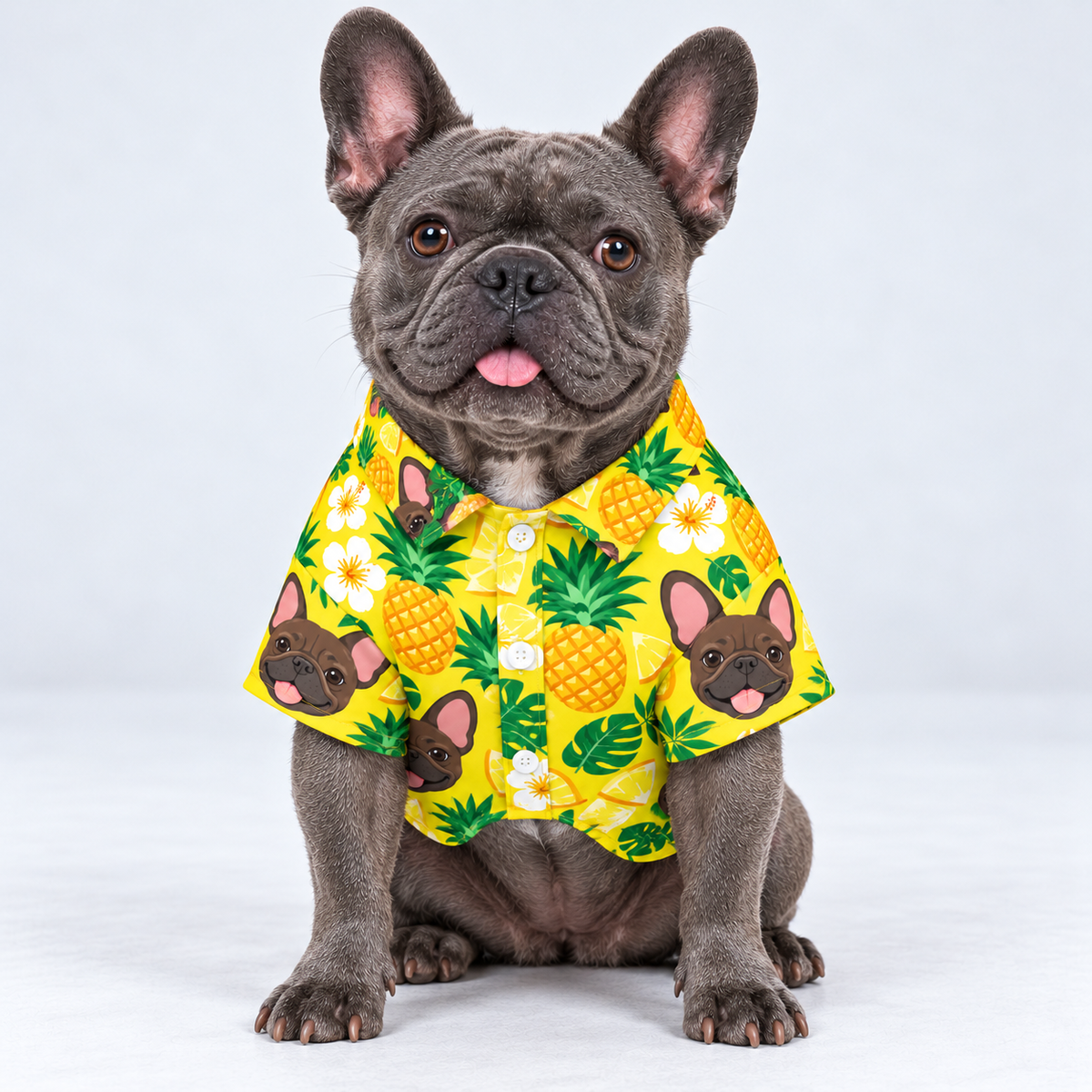 Pineapple Pup Hawaiian Dog Shirt on our Frenchie model, front view