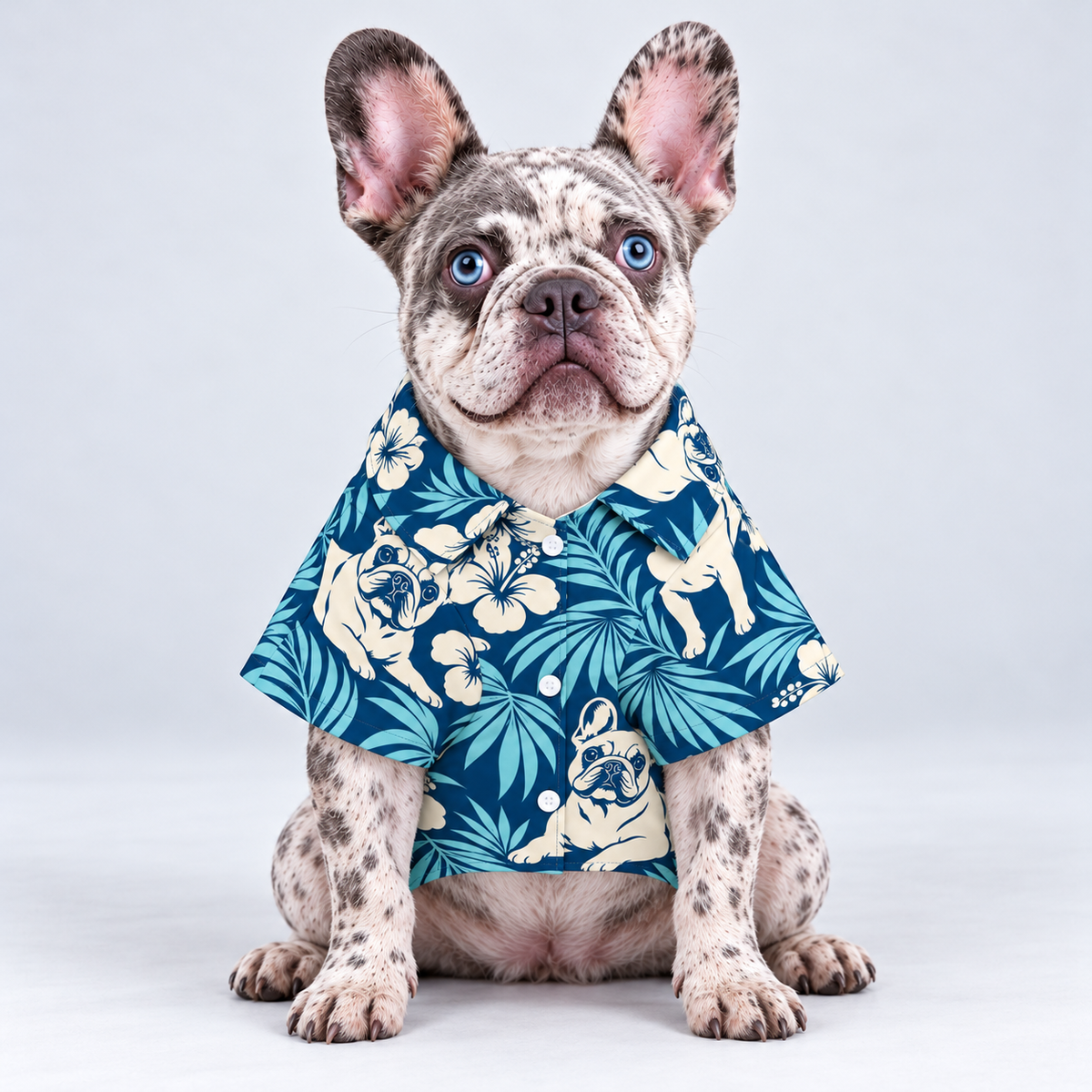 Ocean Breeze Hawaiian Dog Shirt on our Frenchie model, front view