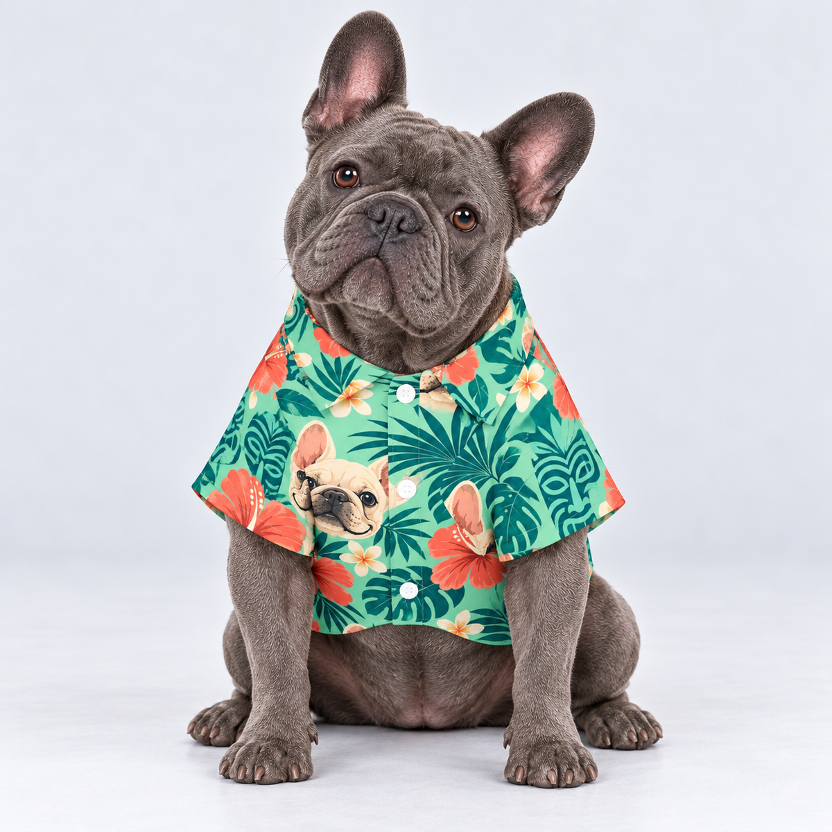 Tiki Tails Hawaiian Dog Shirt on our Frenchie model, front view