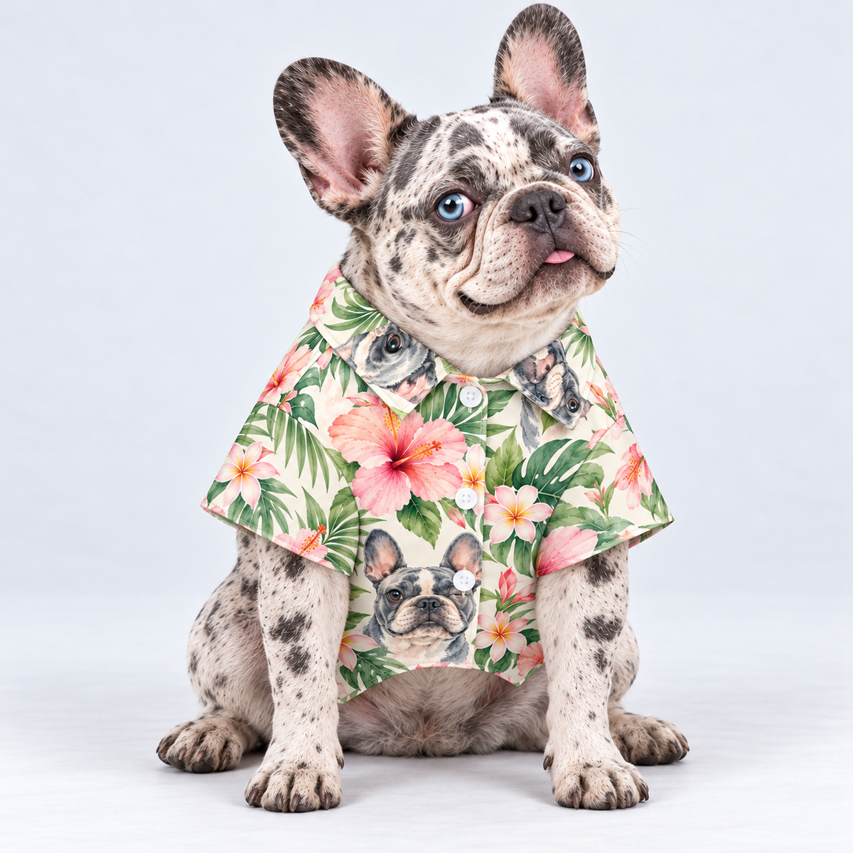 Island Watercolor Hawaiian Dog Shirt on our Frenchie model, front view