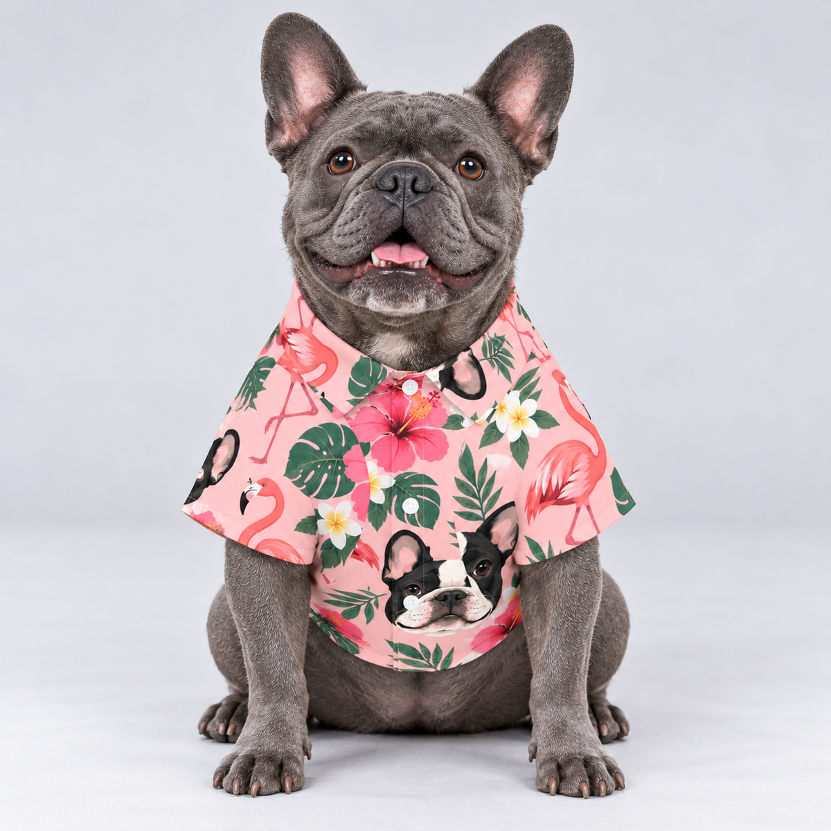 Flamingo Frenchie Hawaiian Dog Shirt on our Frenchie model, front view