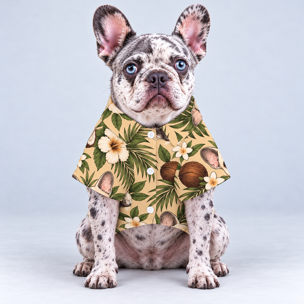 Coconut Cabana Hawaiian Dog Shirt on our Frenchie model, front view
