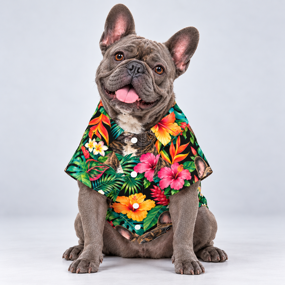 Jungle Jewel Hawaiian Dog Shirt on our Frenchie model, front view