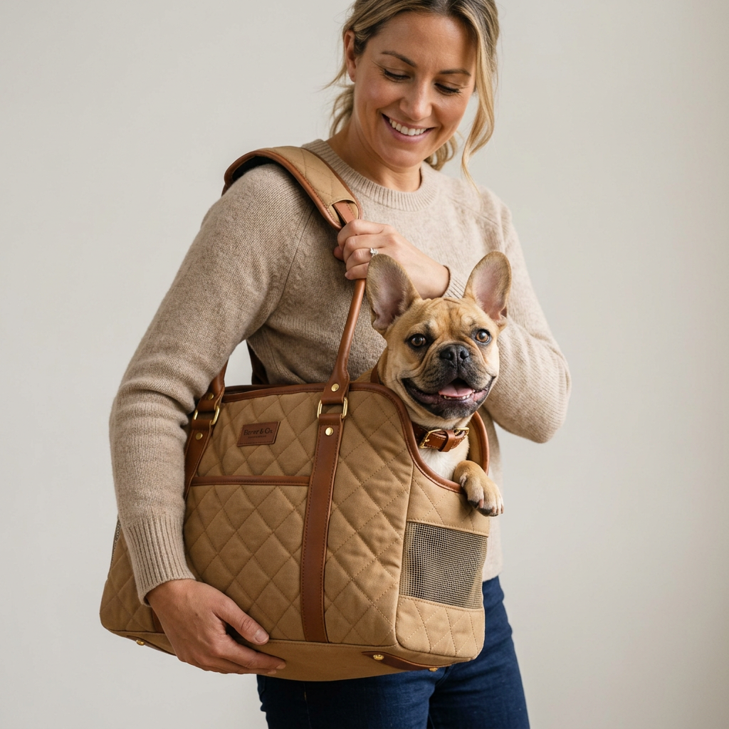 French Bulldog wearing LuxePaw shoulder carrier