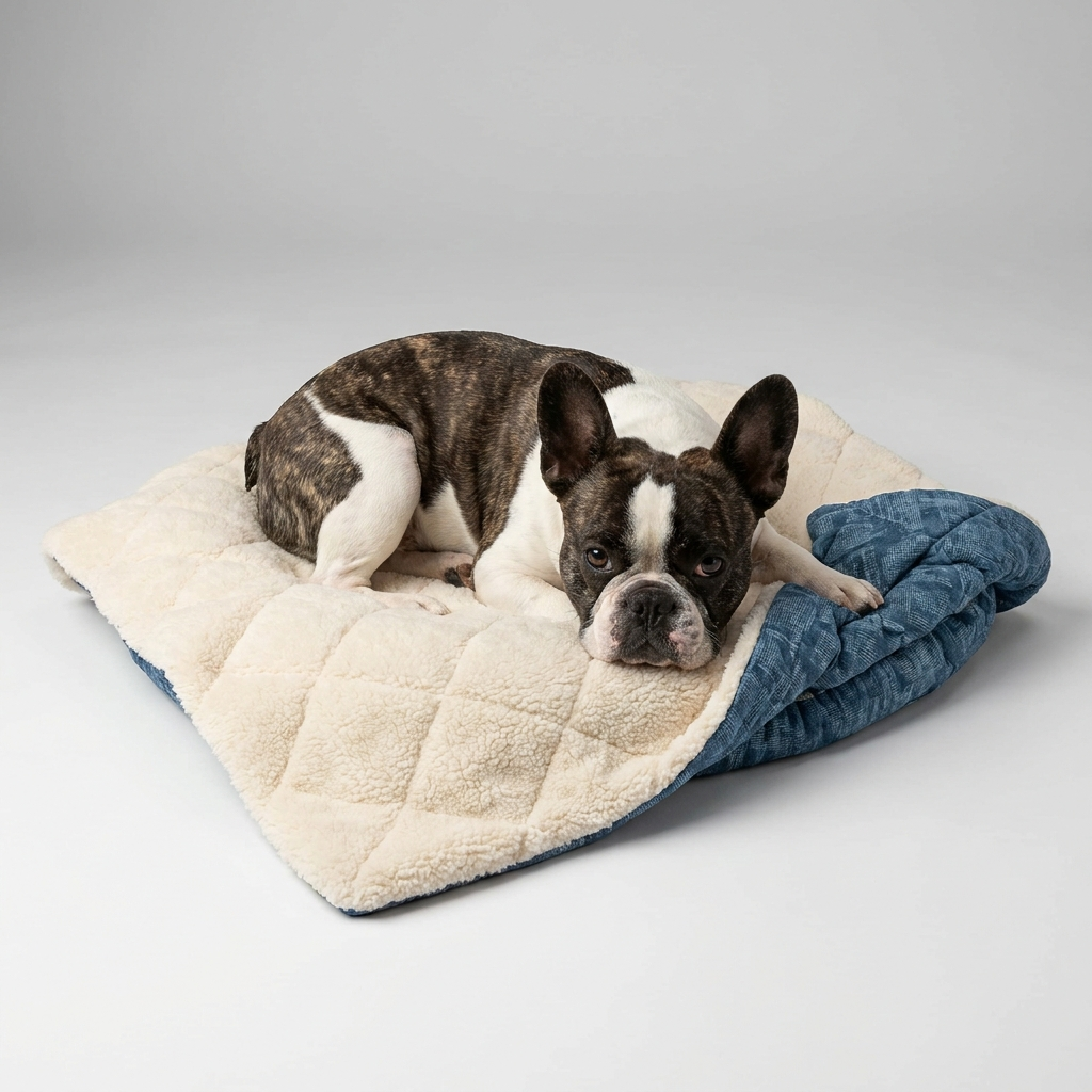 French Bulldog on double-sided blanket bed