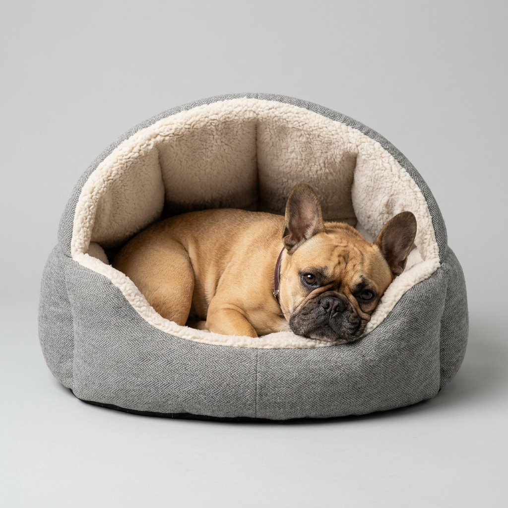 French Bulldog in plush semi-enclosed bed