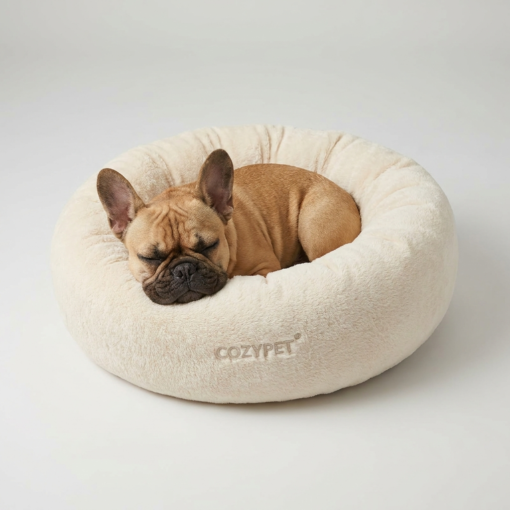 French Bulldog curled up in bubble plush bed