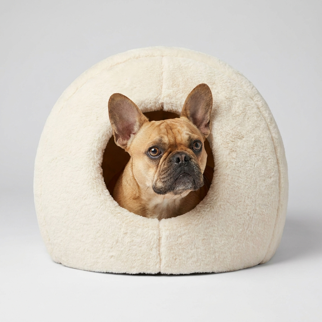 French Bulldog peeking out of winter dog house bed