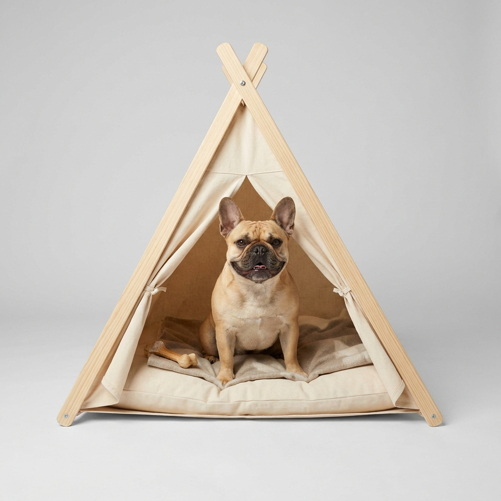French Bulldog in canvas tent bed