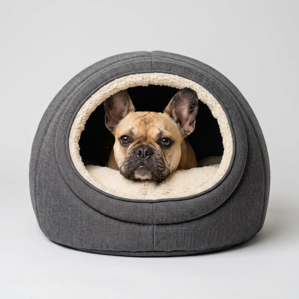 French Bulldog peeking out of cave bed