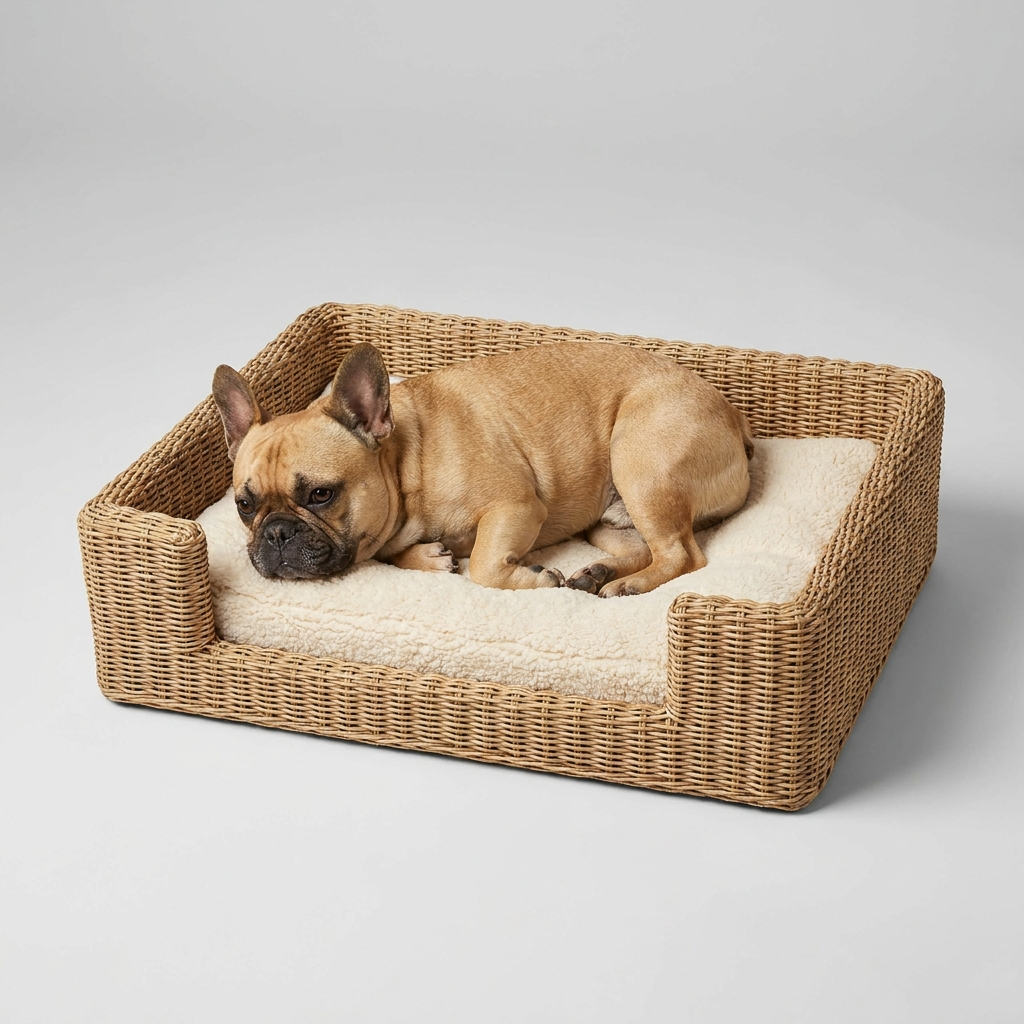 French Bulldog in square woven bed