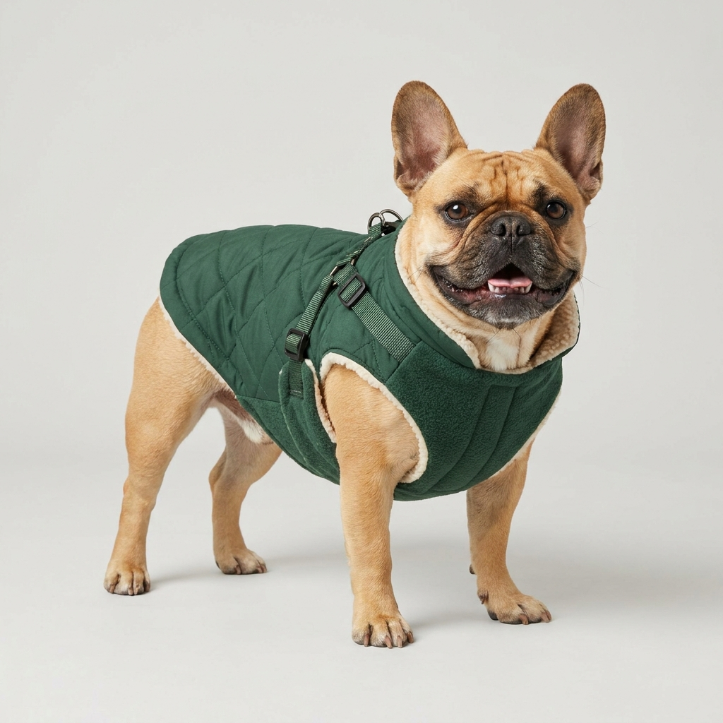 French Bulldog wearing fleece jacket with harness