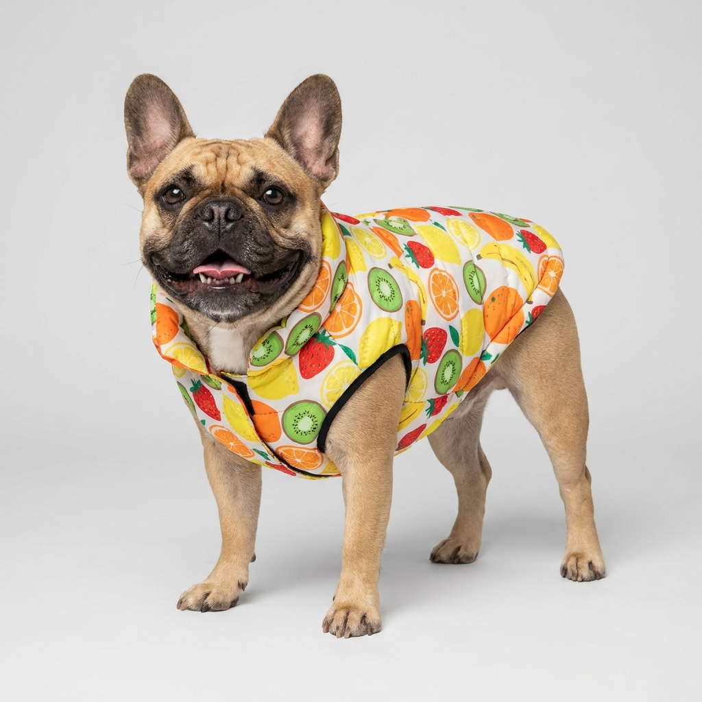 French Bulldog wearing fruit print jacket