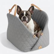 French Bulldog in gray quilted carrier