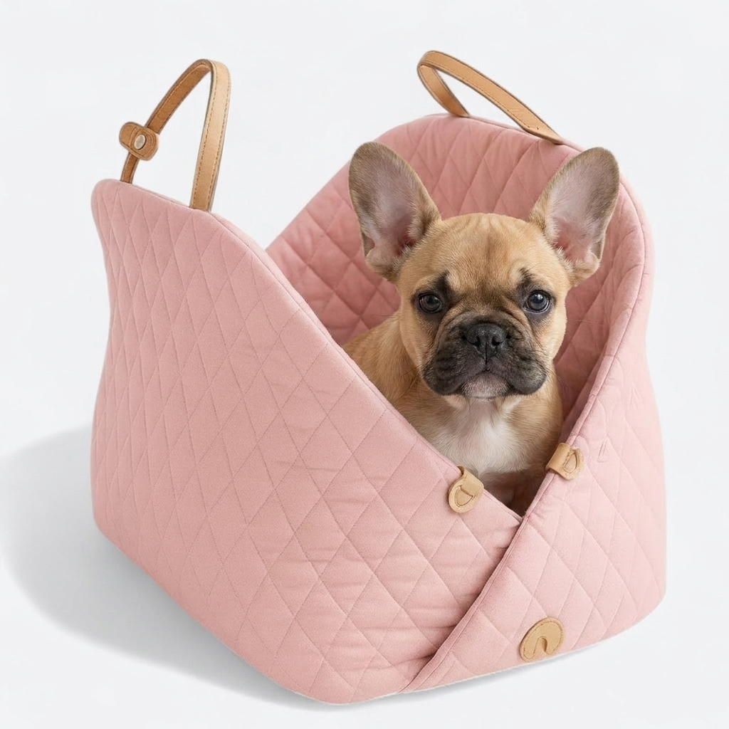 French Bulldog in pink quilted carrier