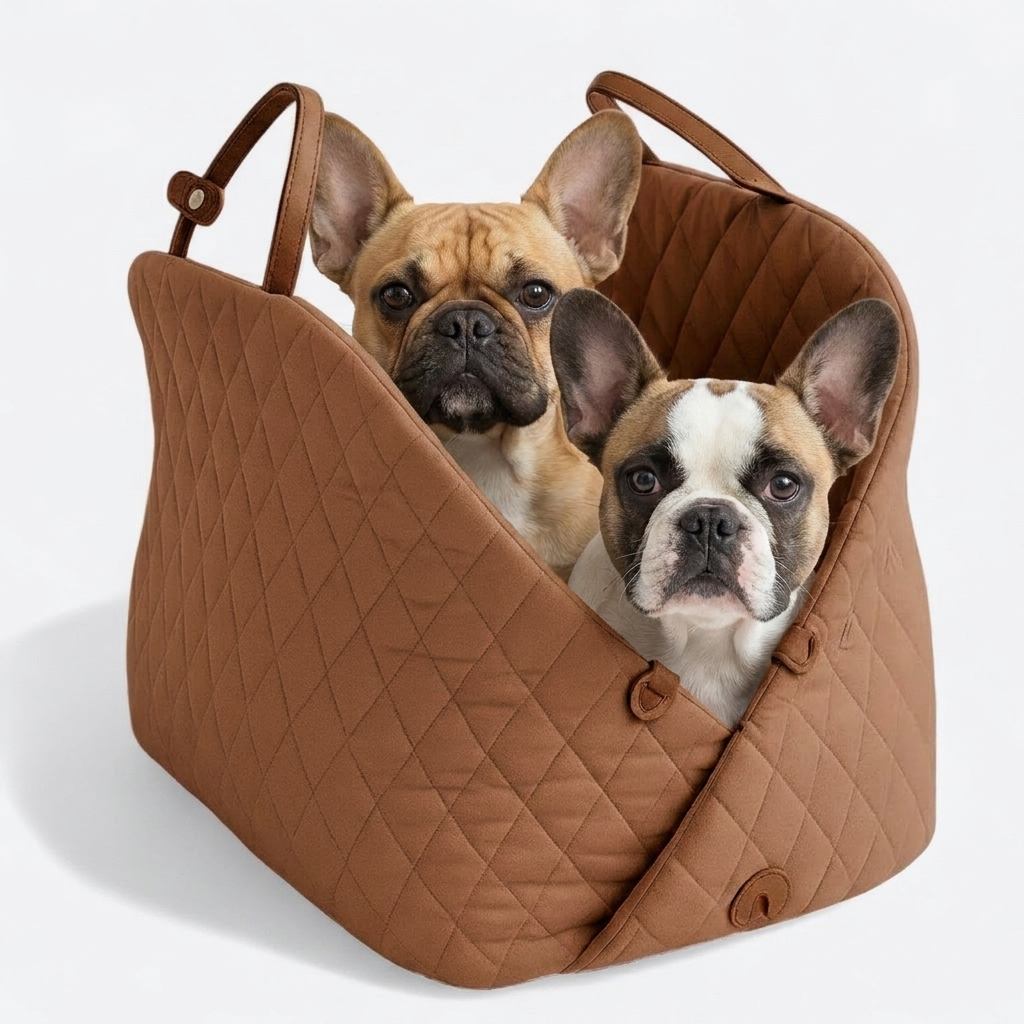 French Bulldog in brown quilted carrier