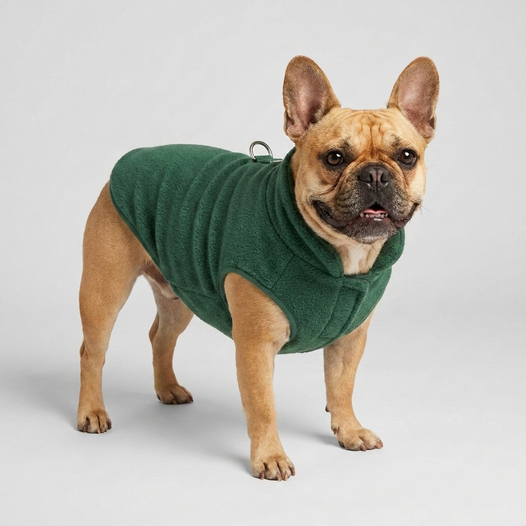 French Bulldog in green sherpa vest