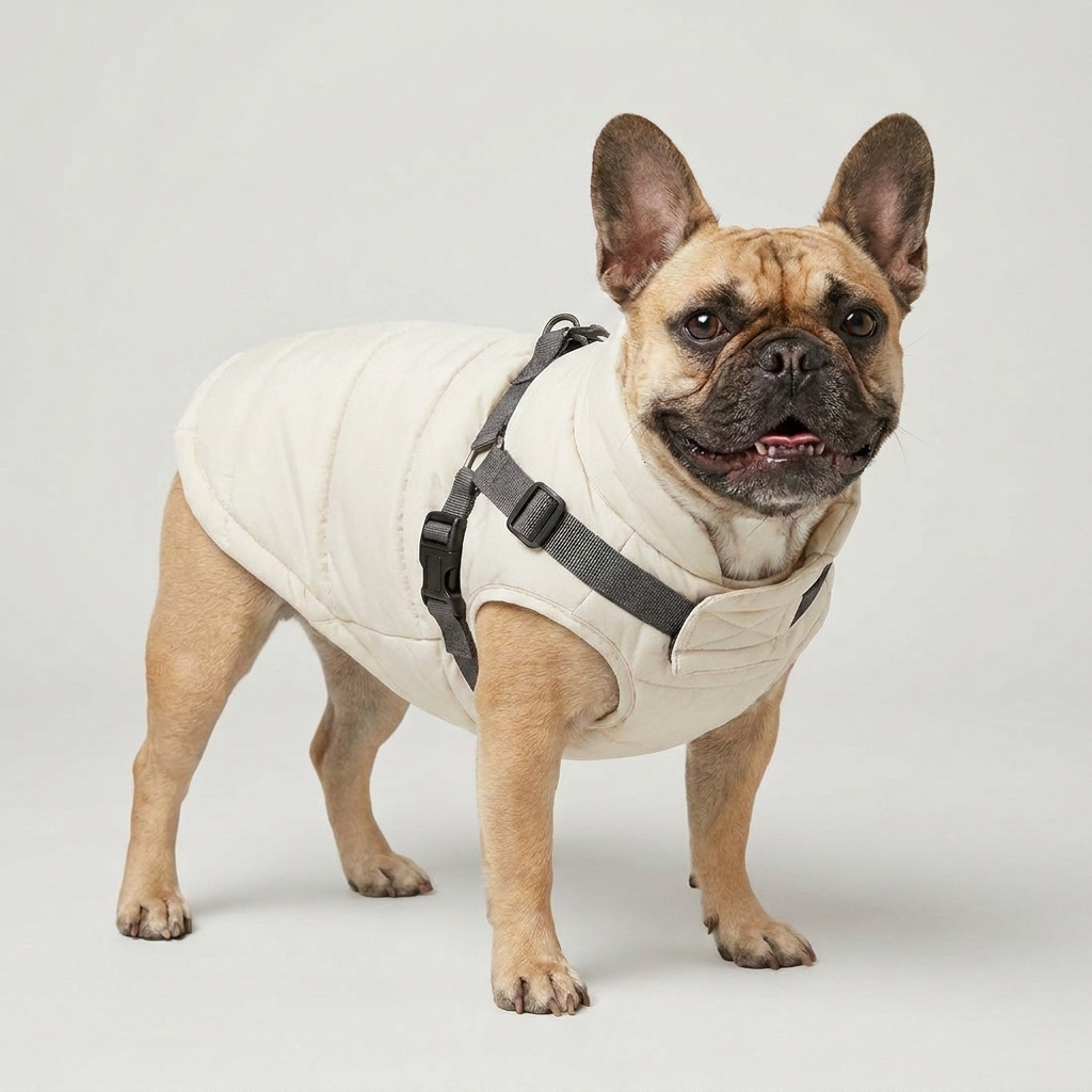 French Bulldog in off-white down jacket