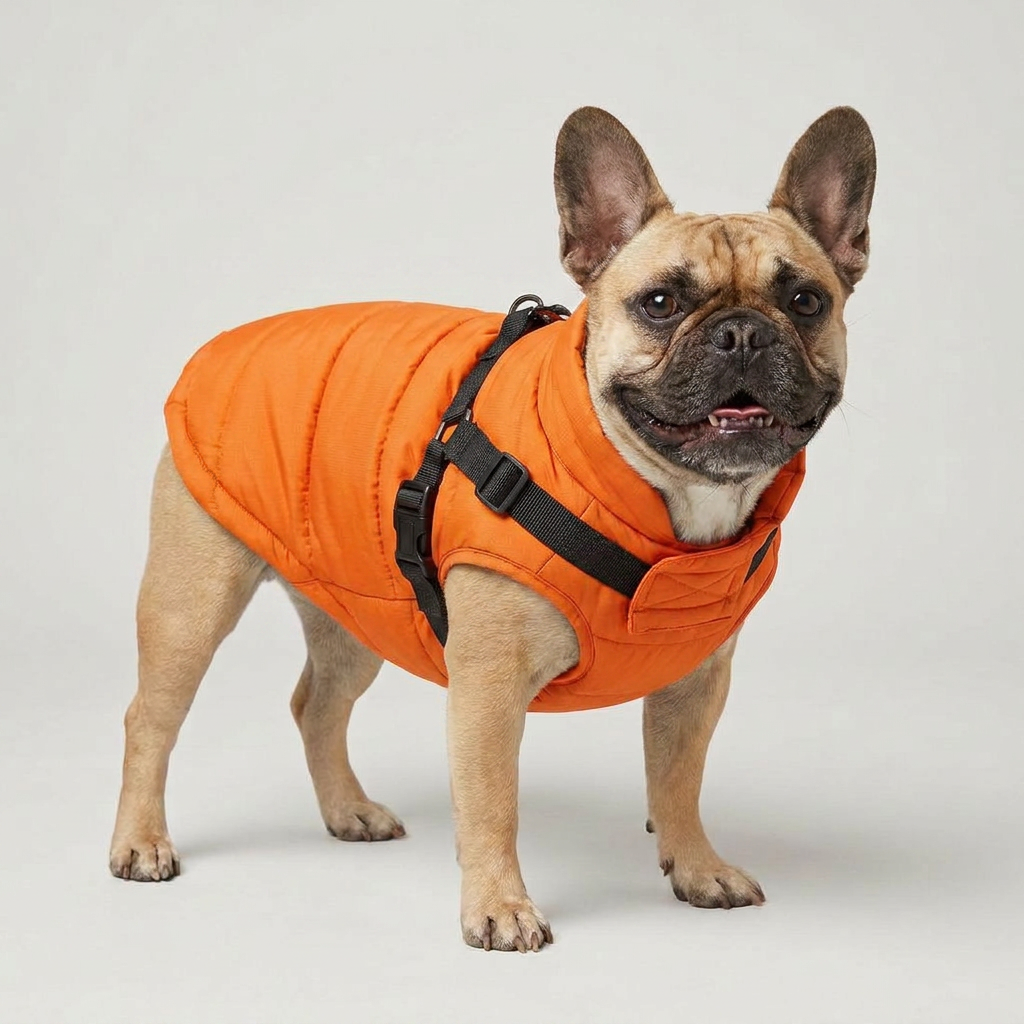 French Bulldog in orange down jacket
