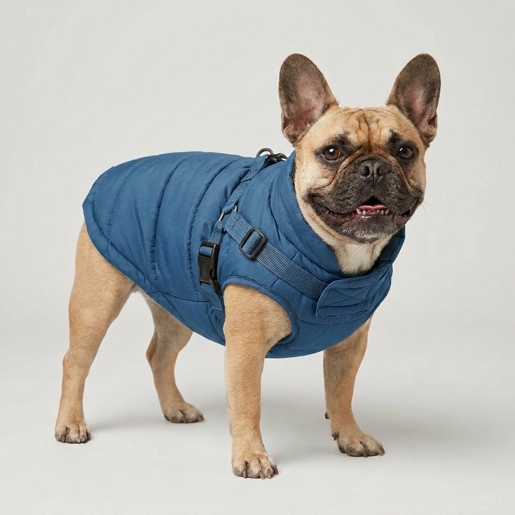 French Bulldog in blue down jacket