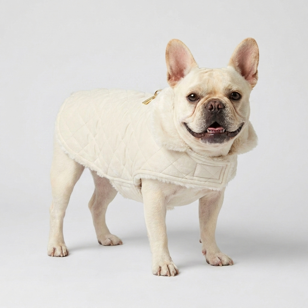 French Bulldog in off-white quilted coat