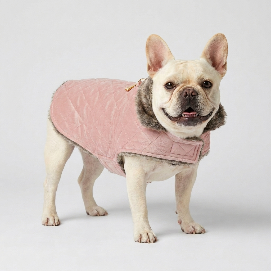 French Bulldog in pink quilted coat