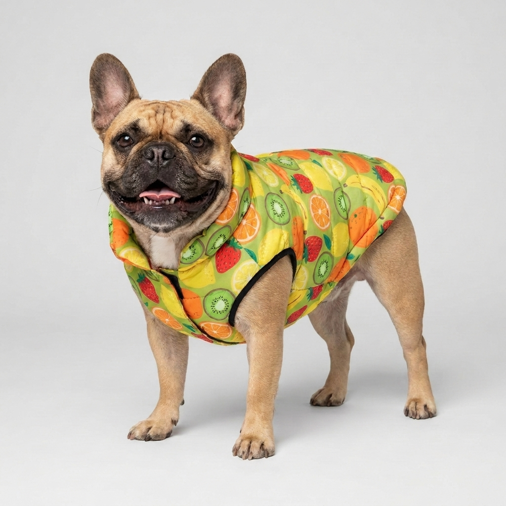 French Bulldog in green pear print jacket