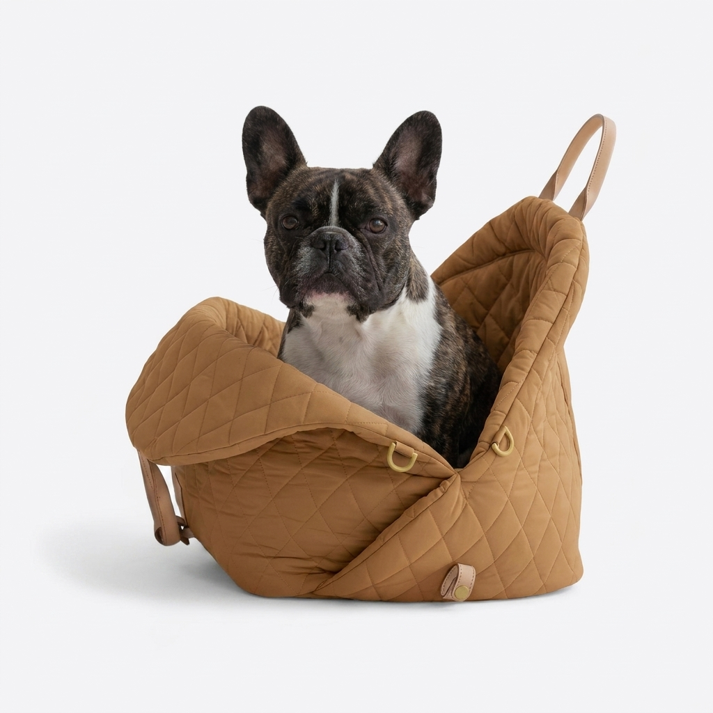 French Bulldog in camel travel carrier bed