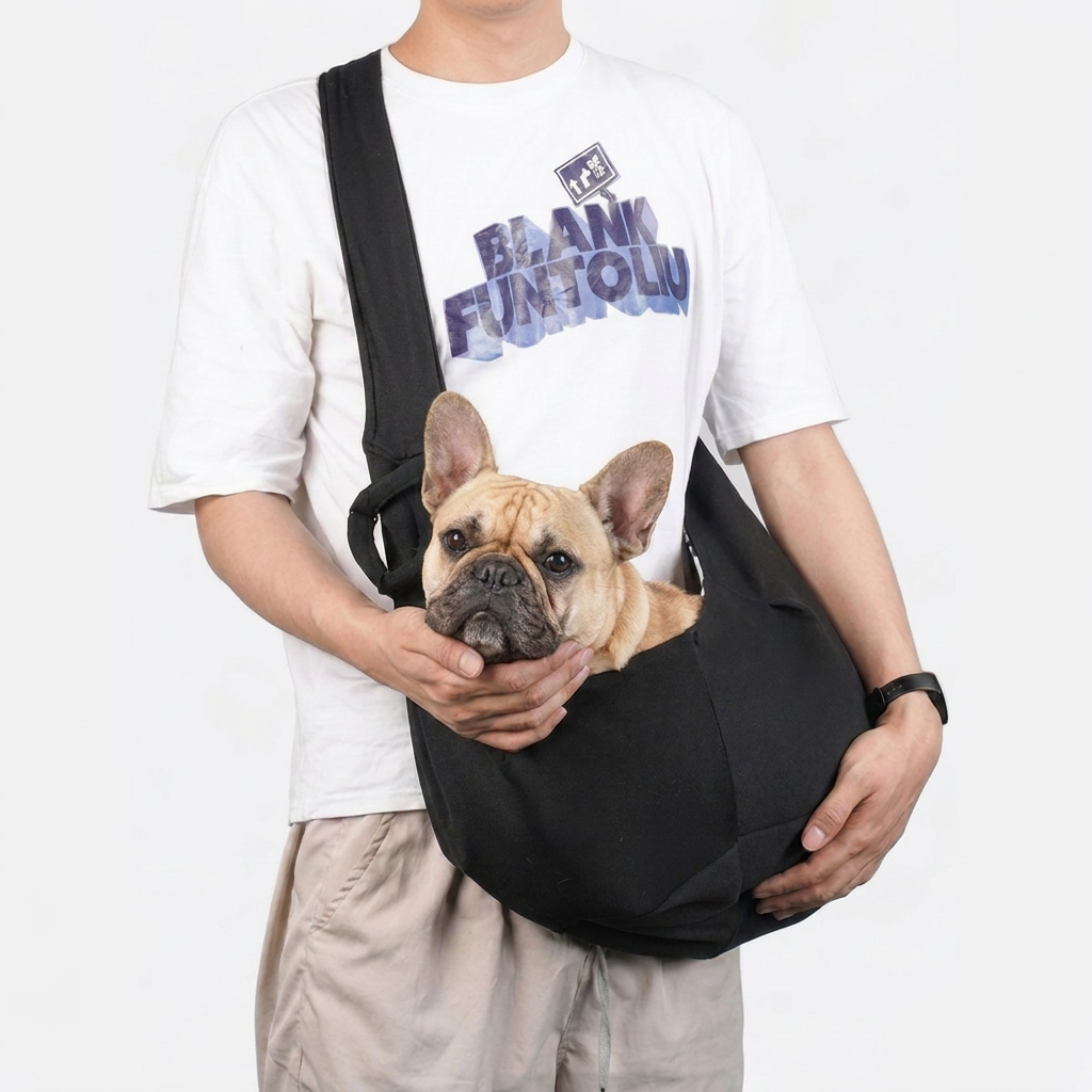 French Bulldog in black sling carrier bag